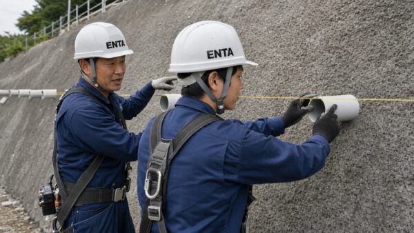 斜面で配管作業する二人の作業員