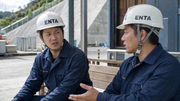 建設現場で話す二人の作業員