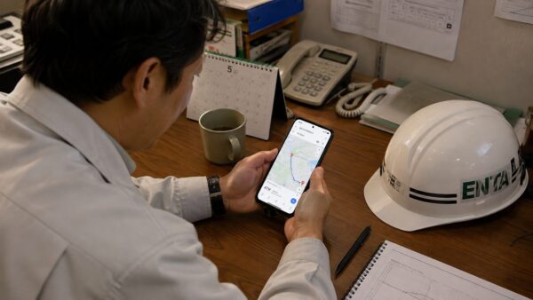 オフィスでスマホの地図を確認する現場監督