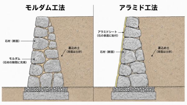 モルダム工法とアラミド工法の比較図