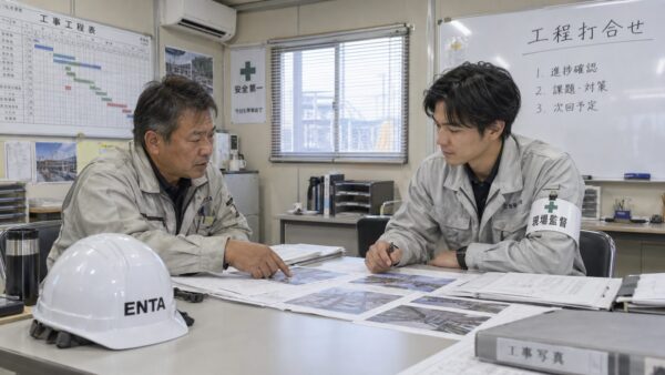 工事写真を囲む現場打合せ