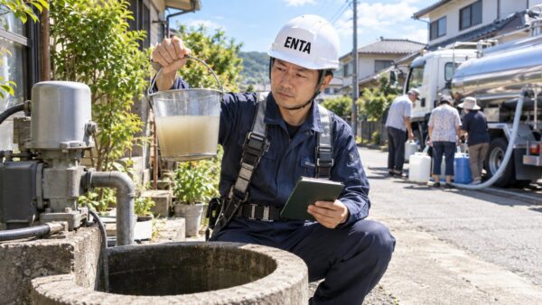 井戸水を検査する作業員と給水車