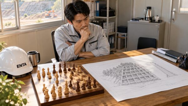 チェス盤と法枠図面を見比べる監督