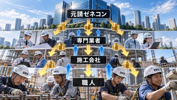 建設業界の階層と資金・技能の流れ