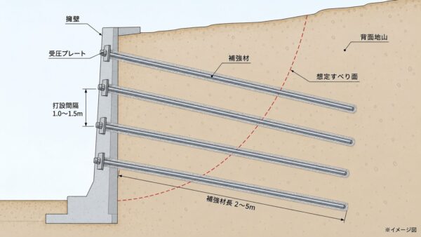 擁壁背面の鉄筋挿入補強断面図