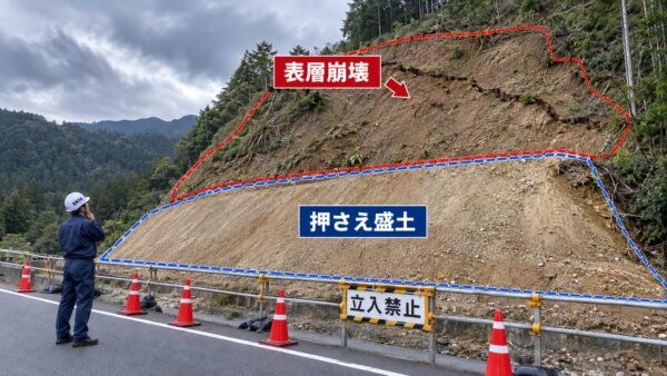 表層崩壊と押さえ盛土