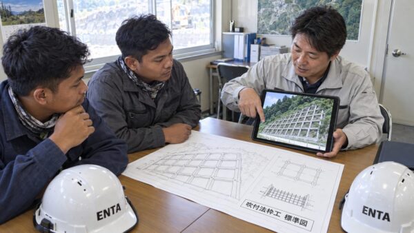 現場事務所で学ぶ吹付法枠工