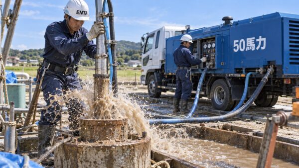 泥水が噴き出す井戸洗浄作業