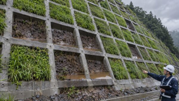 法枠の枠内滞水で植生が育たない切土法面