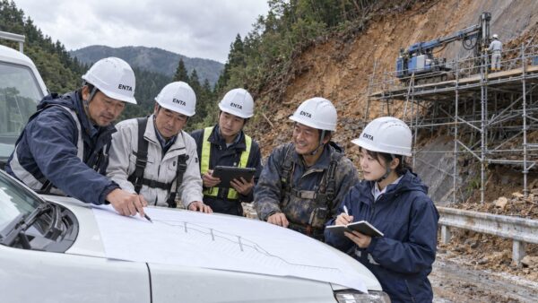 災害現場で各社のプロと打合せする法面工